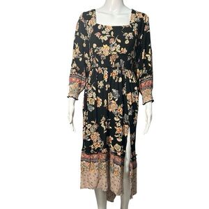 ANGIE Women’s Black Midi Dress Sz L Flowy Boho Floral High Low Smocked Slit